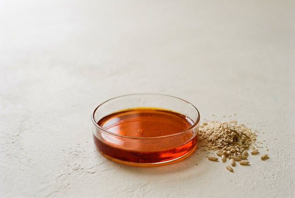 Rice bran oil, cold pressed and unrefined, the orange-red colour coming from the fraction a refining step would take out.