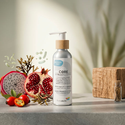 A bottle of Biotaderm Core Balanced Everyday Moisturiser with a wooden pump is displayed beside pomegranate, dragon fruit, rose hips, seaweed, and a small wooden box on a light surface. Infused with nourishing plant oils, this body moisturiser is formulated to promote balanced skin.