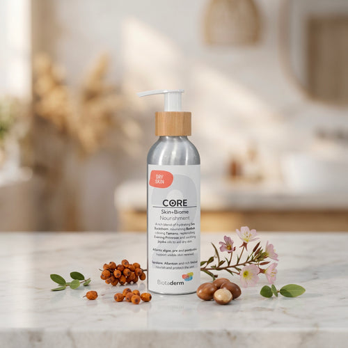 A bottle of Biotaderm Core Dry Everyday Moisturiser, a rich body lotion formulated with nourishing plant oils for dry skin, rests on a marble surface surrounded by nuts, berries, and pink flowers.