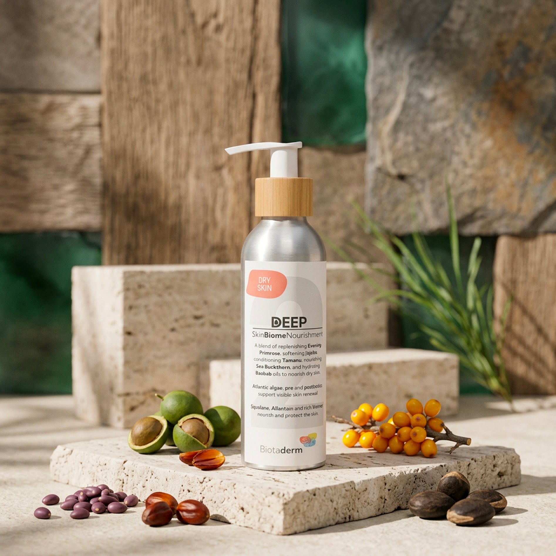 A bottle of Biotaderm Deep Dry Rich Moisturiser with a pump rests on stone tiles, surrounded by various natural ingredients such as berries and nuts. Enriched with plant oils, this luxurious formula is crafted to deeply hydrate and rejuvenate dry skin.