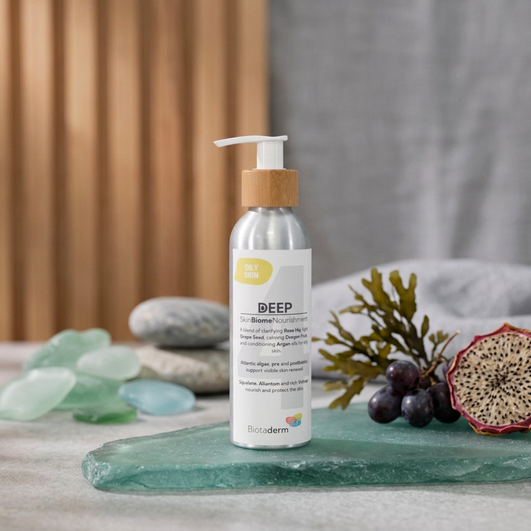 A bottle of Biotaderm Deep Oily Rich Moisturiser rests on a glass surface surrounded by stones, seaweed, and a halved passionfruit, emphasizing its nourishing plant oil blend that delivers deep hydration for oily skin without clogging pores.