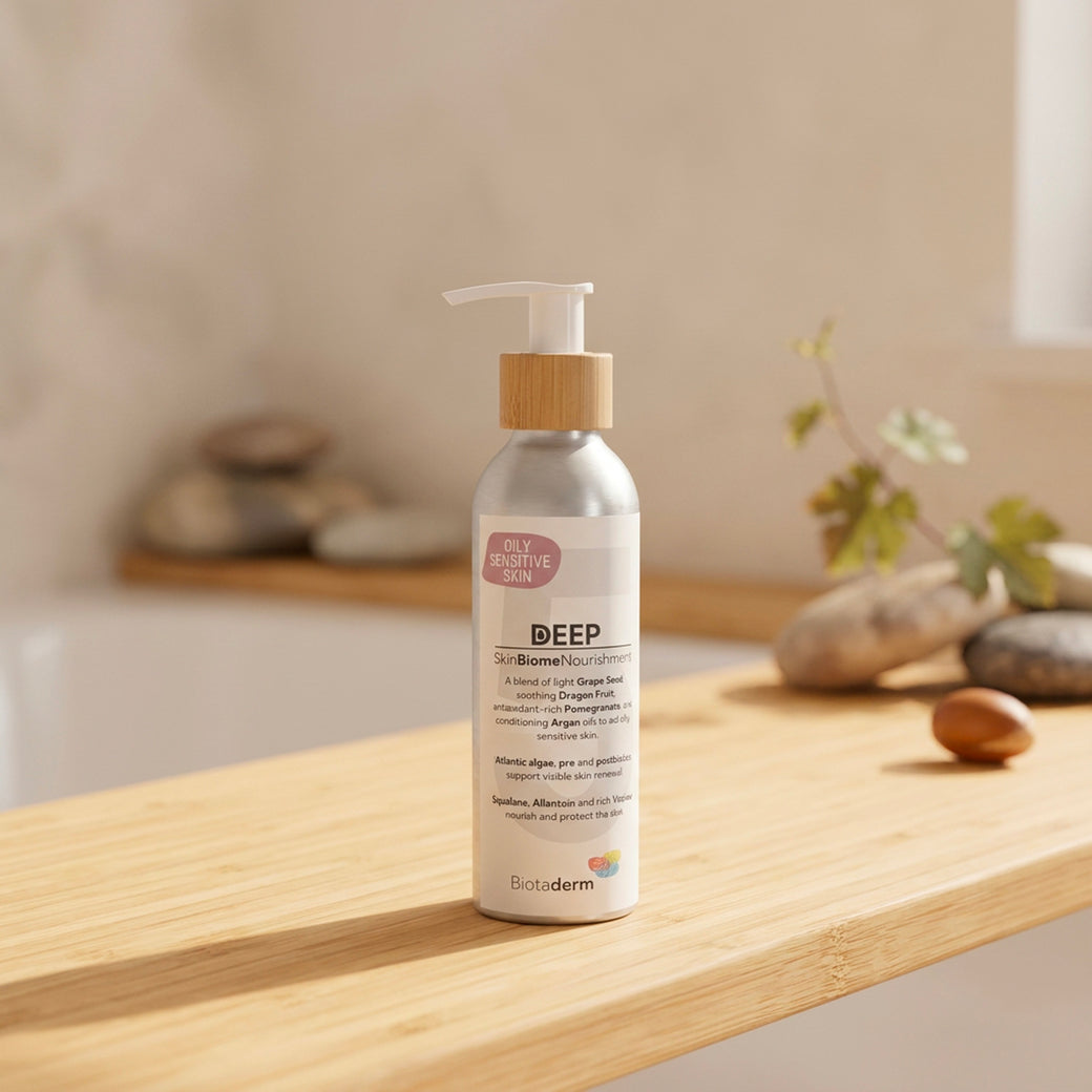 A bottle of Biotaderm Deep Oily Sensitive Rich Moisturiser with a pump dispenser sits on a wooden surface, surrounded by stones and a plant in the background. Formulated with nourishing plant oils, this moisturiser is perfect for those with oily sensitive skin who desire balanced hydration.