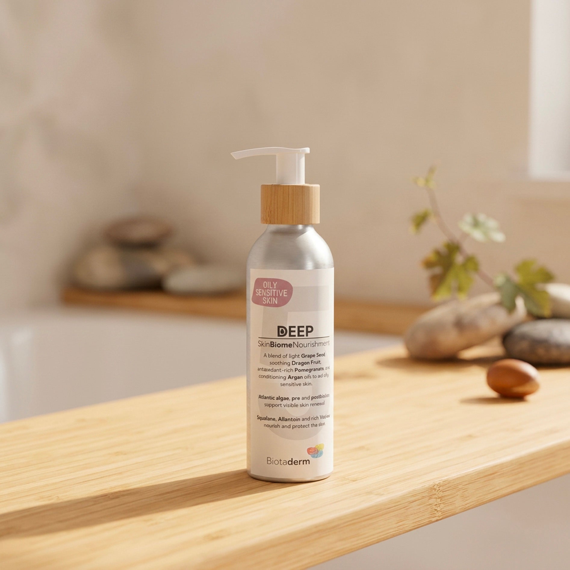 A bottle of Biotaderm Deep Oily Sensitive Rich Moisturiser with a pump dispenser sits on a wooden surface, surrounded by stones and a plant in the background. Formulated with nourishing plant oils, this moisturiser is perfect for those with oily sensitive skin who desire balanced hydration.