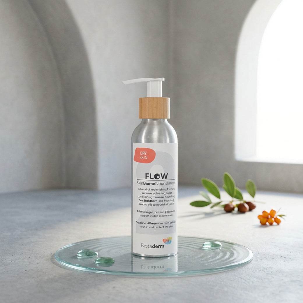 A silver pump bottle labeled “Flow Dry Light Moisturiser” from Biotaderm sits on a glass tray beside sea buckthorn berries and leaves, showcasing a luxurious, lightweight facial moisturizer enriched with nourishing plant oils in a sunlit, minimal interior setting.
