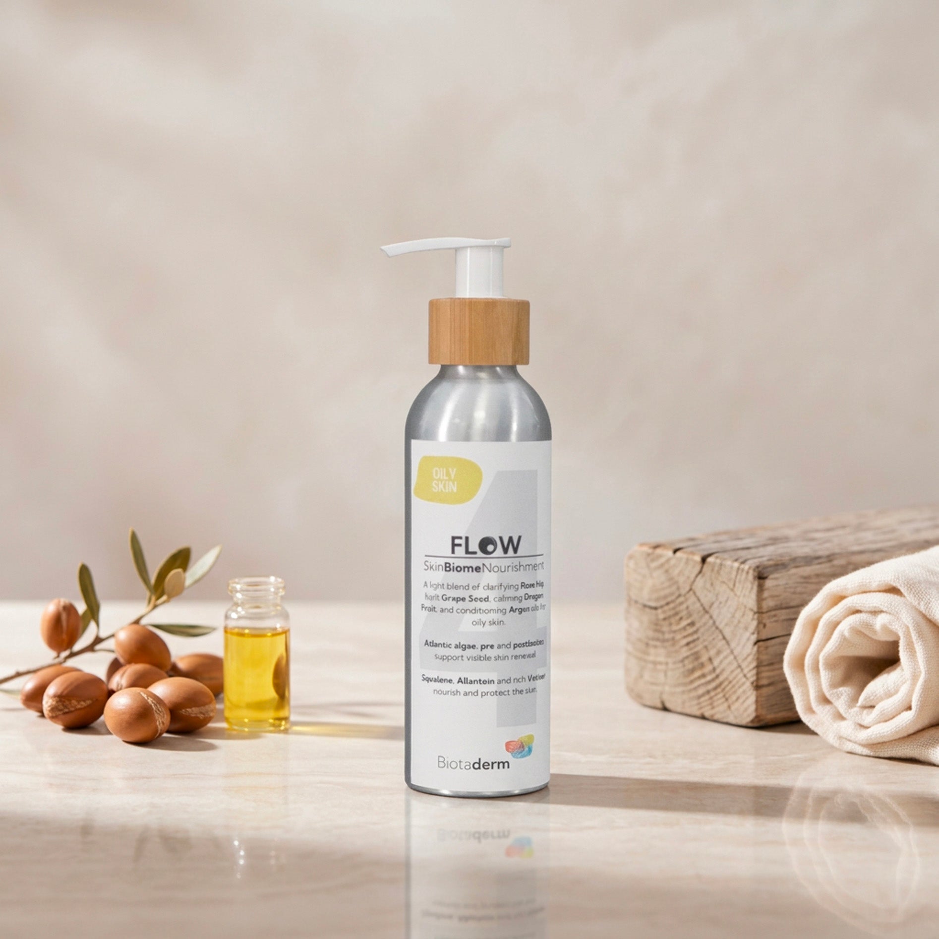 A sleek silver pump bottle of Biotaderm Flow Oily Light Moisturiser stands on a marble surface, alongside a small glass jar of oil, argan nuts, and a folded towel in the background—an elegant arrangement that suggests the presence of fast-absorbing plant oils within this lightweight facial moisturizer, ideal for anyone seeking hydration tailored for oily skin.