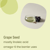 A small glass bowl of grape seed oil, a cluster of dark grapes, and grape seeds are arranged on a light surface alongside text highlighting Core Oily Everyday Moisturiser by Biotaderm. This lightweight moisturiser is enriched with linoleic acid and omega-6 from grape seed oil, making it especially suitable for those with oily skin.