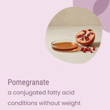 A halved pomegranate, scattered seeds, and a small glass dish containing plant oils—likely ingredients in Biotaderm’s Core Oily Sensitive Everyday Moisturiser—are artfully arranged on a light surface, with purple shapes in the background and the product’s descriptive text displayed below.