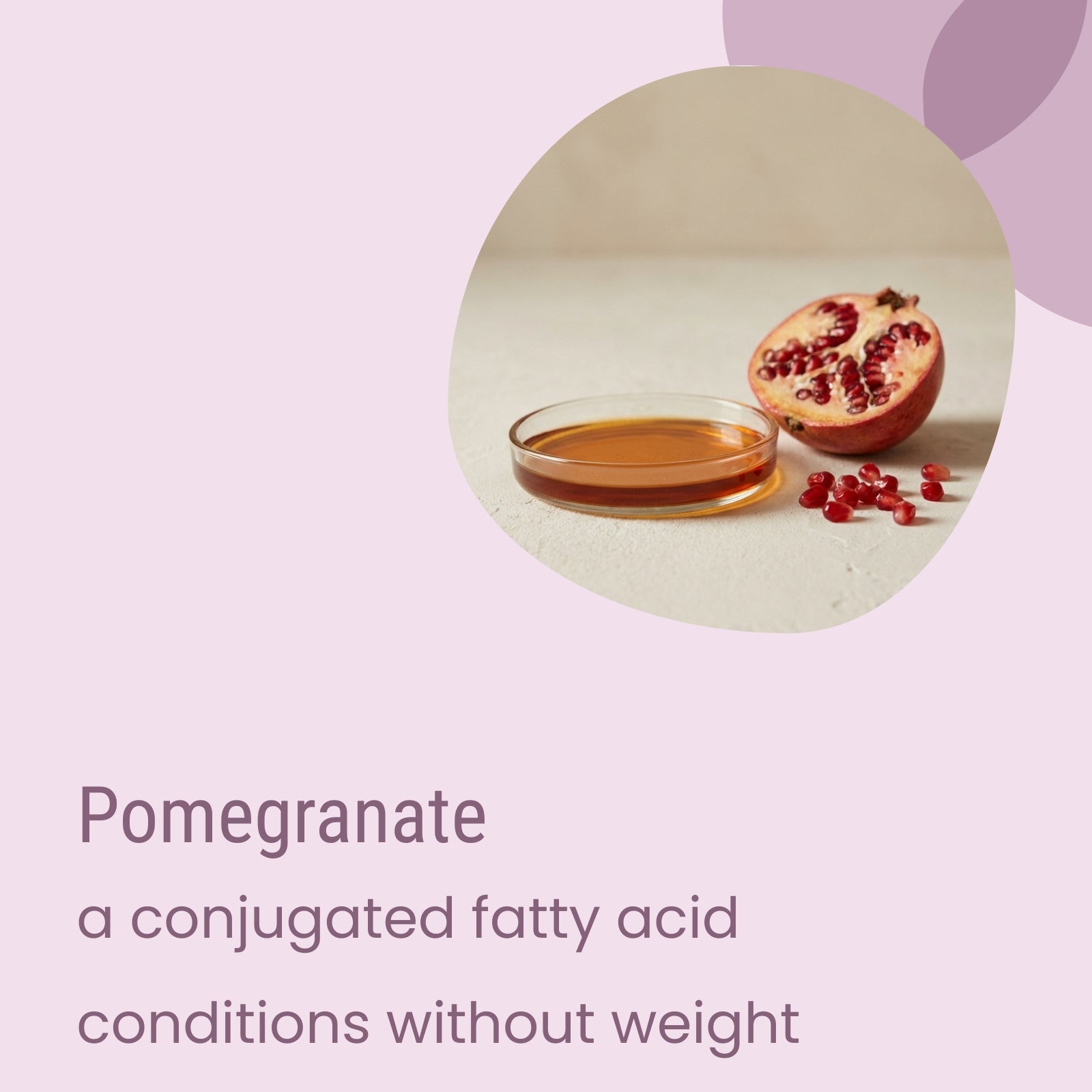 A halved pomegranate, scattered seeds, and a small glass dish containing plant oils—likely ingredients in Biotaderm’s Core Oily Sensitive Everyday Moisturiser—are artfully arranged on a light surface, with purple shapes in the background and the product’s descriptive text displayed below.