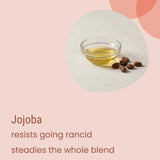A small glass bowl of jojoba oil sits beside several brown jojoba seeds; text highlights Biotaderm’s Deep Dry Rich Moisturiser, renowned for its stability and resistance to rancidity, making it an excellent plant-derived moisturizer—perfect for nourishing dry skin.