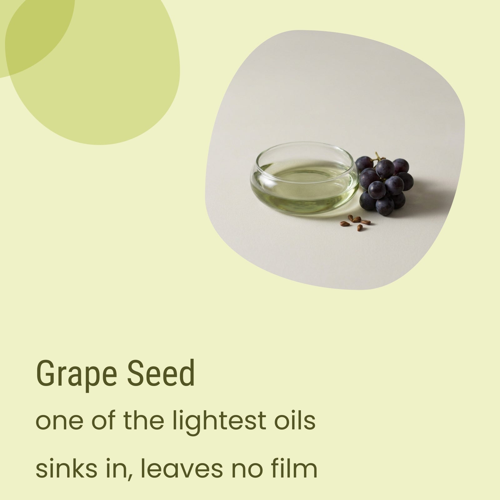 A glass bowl of clear Flow Oily Light Moisturiser by Biotaderm, accompanied by a cluster of grapes and a few grape seeds on a light yellow background, with text highlighting its light, non-greasy formula—perfect as a fast-absorbing plant-based oil for use as a light facial moisturizer or for oily skin.