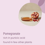 A half-pomegranate and a dish of oil sit on a light surface. Text below reads: “Flow Oily Sensitive Light Moisturiser by Biotaderm—powered by pomegranate, rich in punicic acid rarely found in other plant oils.”.