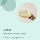 A glass dish of baobab oil sits beside baobab seeds on a light surface, with text describing how Biotaderm’s Core Dry Sensitive Everyday Moisturiser harnesses oleic and linoleic acids to soften dry, tight skin—making it the ideal body moisturiser for those with dry sensitive skin who prefer nourishing plant oils.