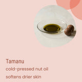 A glass dish displays yellow-green Deep Dry Rich Moisturiser by Biotaderm alongside two whole nuts, with text highlighting its cold-pressed tamanu nut oil—celebrated as a rich plant-based moisturizer that softens and hydrates even the driest skin.