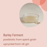 A shallow glass dish containing a light liquid sits beside barley grains, showcasing Biotaderm’s Core Dry Everyday Moisturiser. This formula features a barley ferment postbiotic derived from UK gin spent grain, expertly upcycled to nourish and hydrate dry skin when used alongside plant oils.