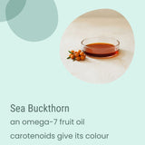 A small glass dish of deep orange sea buckthorn oil sits beside a cluster of sea buckthorn berries and leaves on a light surface. Text highlights the omega-7 and carotenoid content, emphasizing the nourishing benefits of Biotaderm’s Core Dry Sensitive Everyday Moisturiser for dry, sensitive skin.
