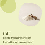 On a light surface, powdered inulin and pieces of chicory root illustrate how inulin acts as a fiber to nourish skin microbes. Biotaderm’s Flow Oily Light Moisturiser features this beneficial ingredient, pairing it with quickly absorbing plant oils for balanced skin. Its lightweight formula makes it an ideal oily skin moisturizer.