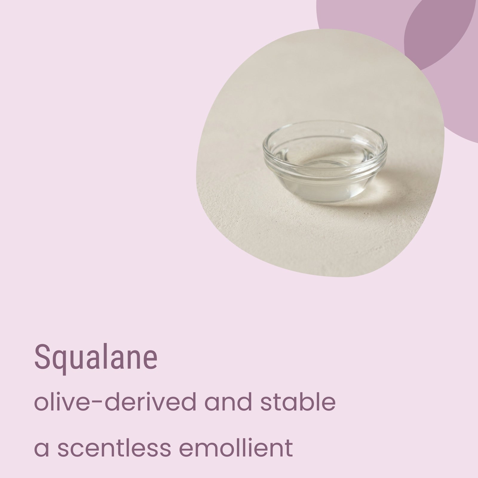 A small glass bowl filled with squalane oil on a light surface, with text describing Biotaderm’s Flow Oily Sensitive Light Moisturiser—an olive-derived, fast-absorbing plant oil that serves as a scentless emollient and lightweight facial moisturiser, ideal for oily and sensitive skin.