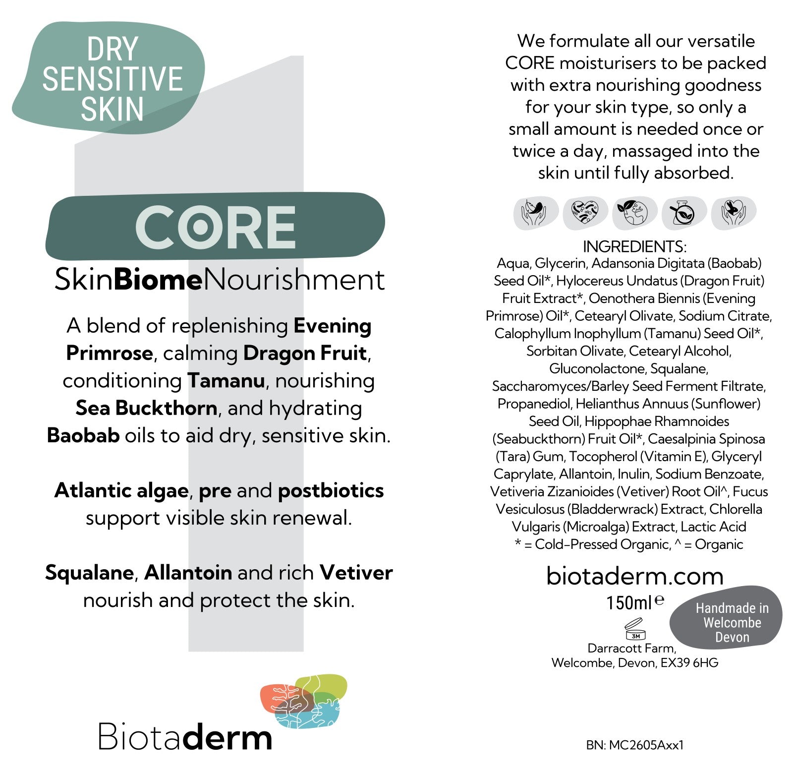 Label for Biotaderm Core Dry Sensitive Everyday Moisturiser, featuring key ingredients like nourishing plant oils, benefits for dry and sensitive skin, directions for use, a full ingredient list, and product information—all presented on a white background.