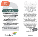 Product label for Biotaderm Core Dry Everyday Moisturiser—a daily body moisturiser crafted for dry skin. Formulated with nourishing plant oils, this moisturiser provides long-lasting hydration and helps restore your skin’s natural barrier. The label includes a complete ingredients list, main benefits, directions for use, ecological claims, company details, and symbols indicating recyclable packaging.