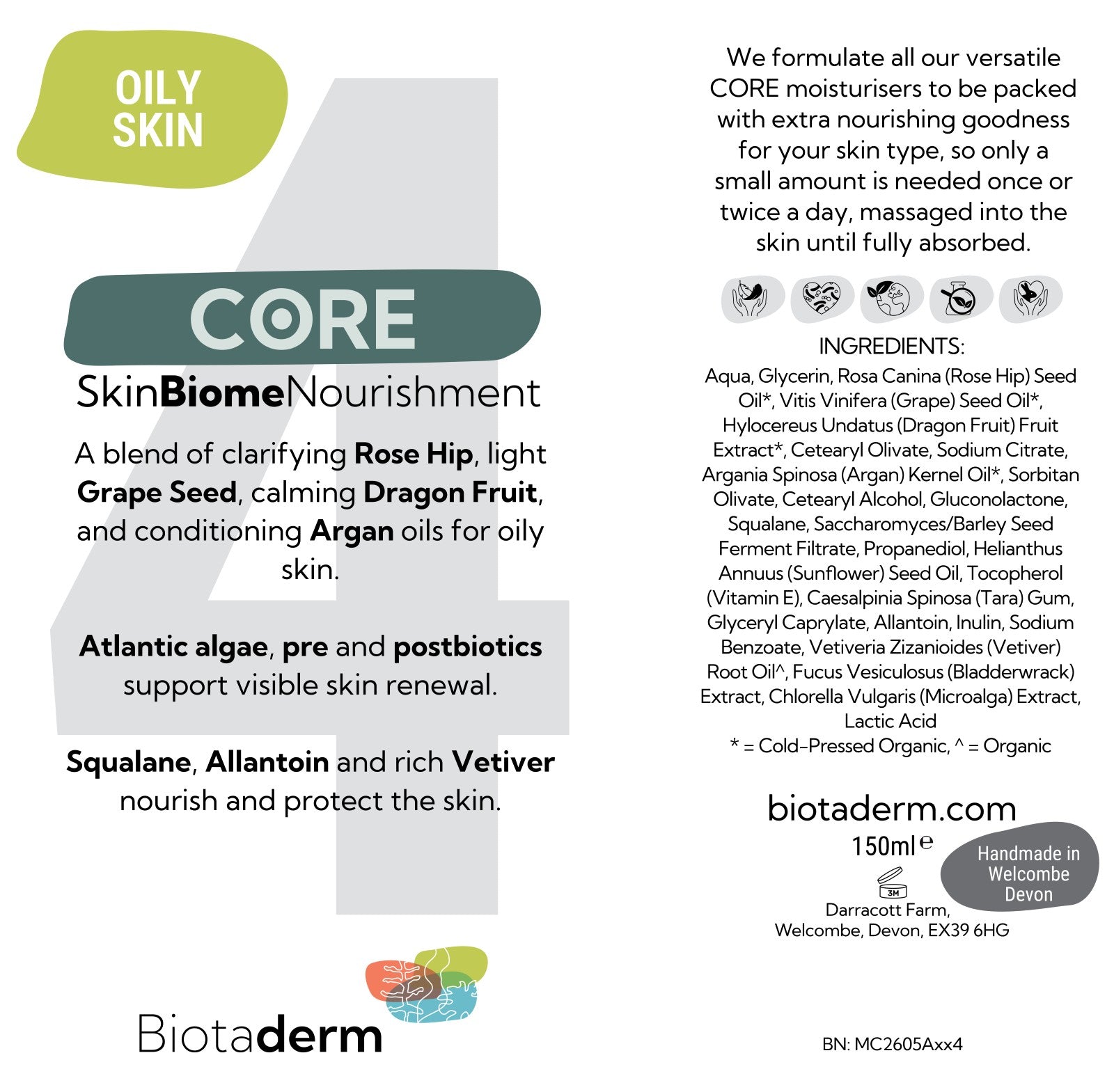 Biotaderm Core Oily Everyday Moisturiser label displaying product benefits, ingredients—including nourishing plant oils—usage instructions, and company information for a 150ml body moisturiser specially formulated for oily skin.