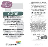Biotaderm’s Core Oily Sensitive Everyday Moisturiser label features a comprehensive list of ingredients, clear usage instructions, and key benefits tailored for sensitive skin. The text emphasises nourishing plant oils and antioxidants, and notes the moisturiser’s compatibility with all skin types—including oily, sensitive skin—making it an ideal body moisturiser for gentle daily hydration and protection.