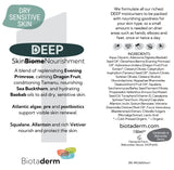 Biotaderm Deep Dry Sensitive Rich Moisturiser label showcasing product benefits, an ingredient list with nourishing plant oils such as evening primrose oil for dry skin, usage instructions, and branding on a white background accented with green.