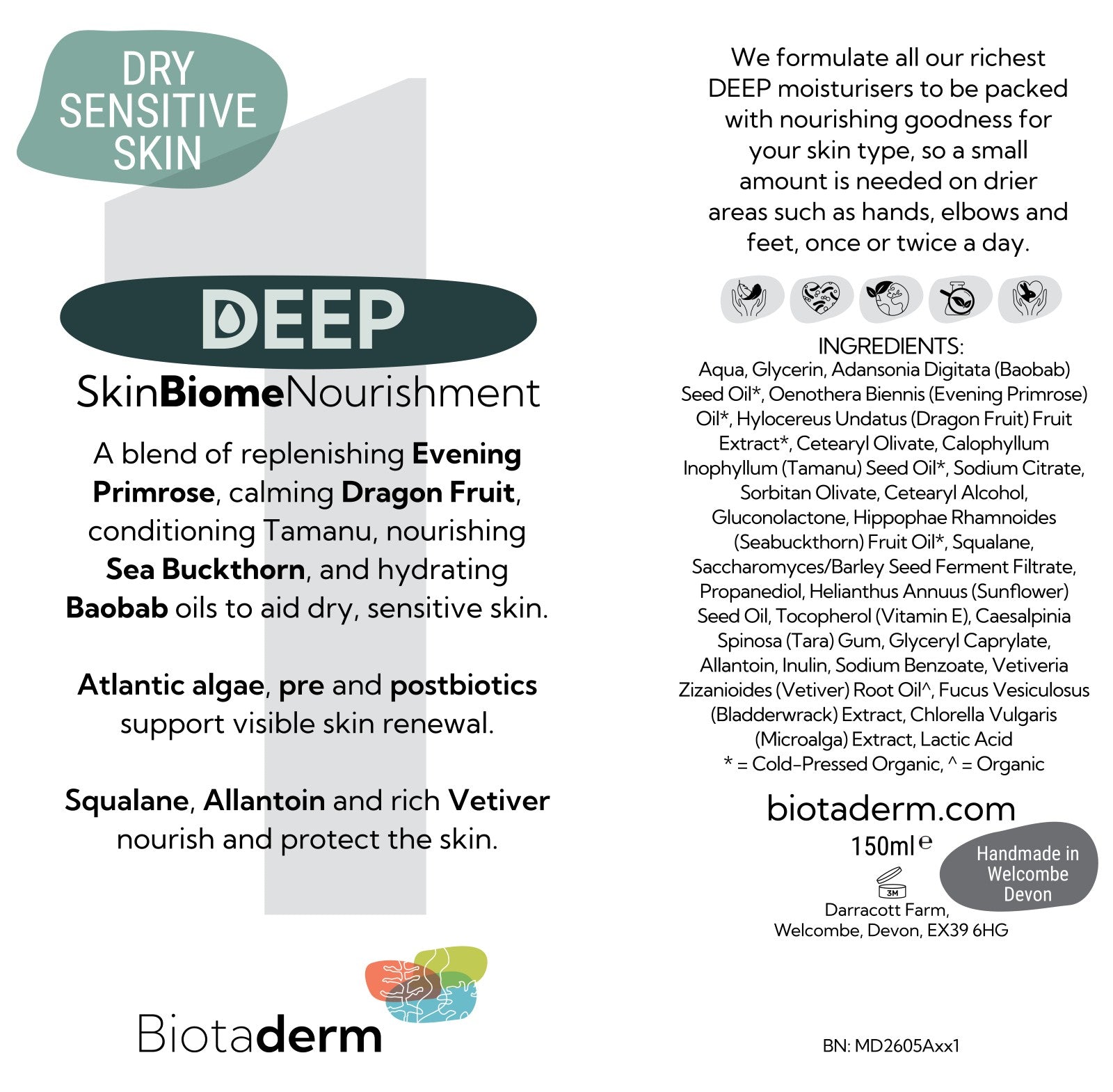Biotaderm Deep Dry Sensitive Rich Moisturiser label showcasing product benefits, an ingredient list with nourishing plant oils such as evening primrose oil for dry skin, usage instructions, and branding on a white background accented with green.