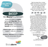 Product label for Biotaderm Deep Balanced Rich Moisturiser, featuring a complete list of ingredients, product description, key benefits for dry skin—especially extra-dry areas—clear directions for use, and company contact information. With its richest texture and nourishing plant oils, this 150ml formula delivers intense hydration.