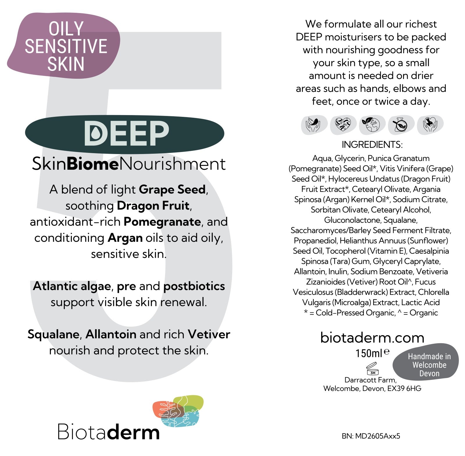 Product label for Biotaderm Deep Oily Sensitive Rich Moisturiser, featuring plant oils among its skin-nourishing ingredients. Highlights include benefits tailored for oily, sensitive skin, straightforward usage instructions, and company contact details—all presented on a white background with gray and purple accents.