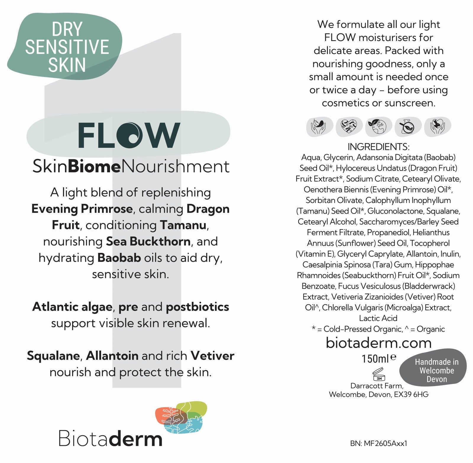 Label for Biotaderm Flow Dry Sensitive Light Moisturiser, featuring a full ingredients list, key benefits for dry and sensitive skin, and details on nourishing botanicals plus hydrating plant oils. Includes product volume, company information, and states that it is made in Devon, UK.