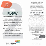 A product information card for Biotaderm Flow Dry Light Moisturiser, a lightweight facial moisturiser specifically designed for dry skin, featuring a list of plant oil-enriched ingredients, key benefits, usage instructions, and company information presented on a white background with orange accents.