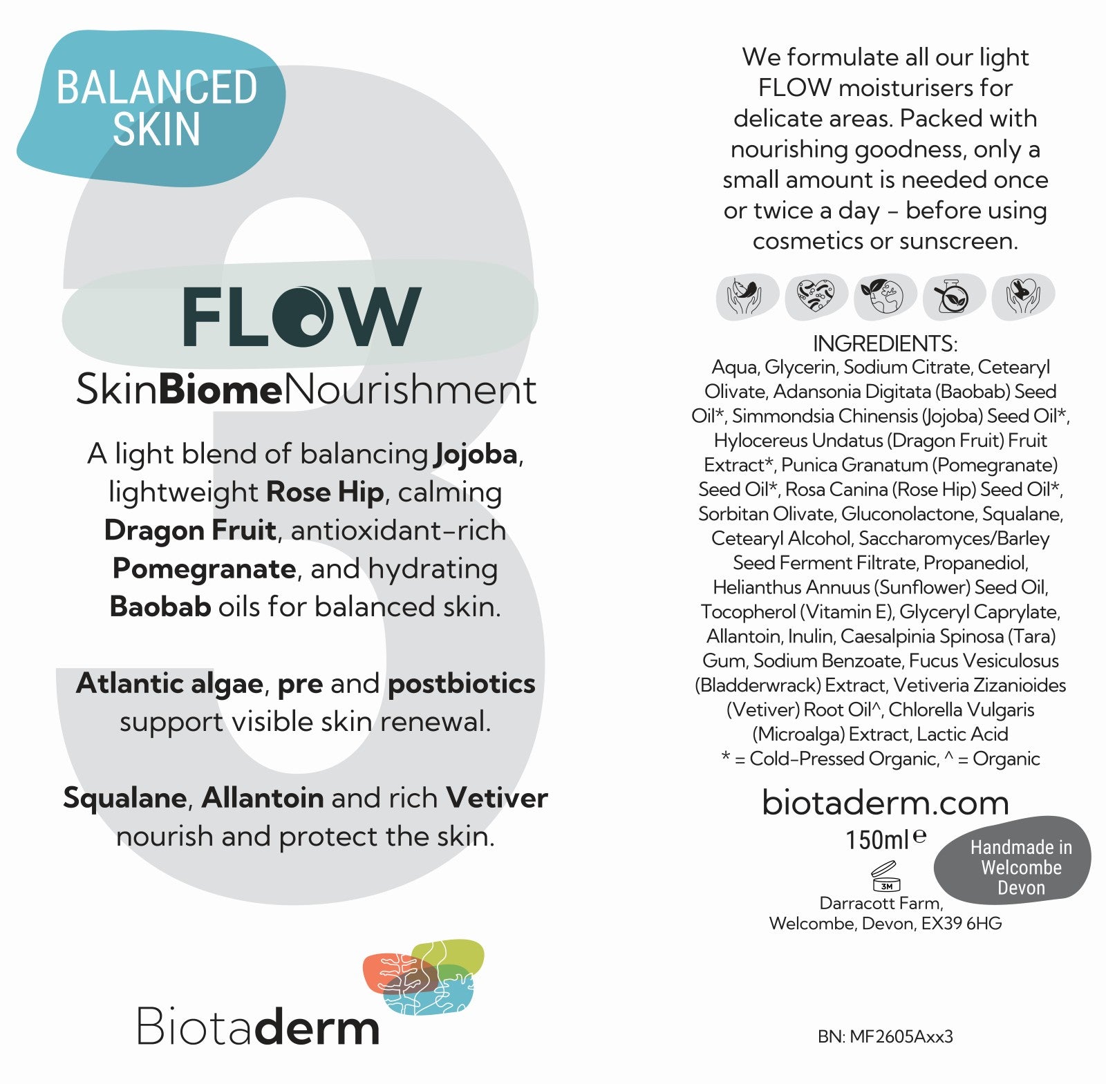 Product information for Flow Balanced Light Moisturiser by Biotaderm, a lightweight facial moisturiser created to promote balanced skin. Enriched with nourishing plant oils—including jojoba, rose hip, dragon fruit, pomegranate, baobab, and vetiver—this formula hydrates and revitalizes your complexion while helping to maintain its natural equilibrium.