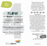 Square product label for Flow Oily Light Moisturiser, a lightweight facial moisturizer designed specifically for oily skin with fast-absorbing plant oils. Includes a natural ingredients list, key benefits, usage instructions, and Biotaderm branding on a white and green background.