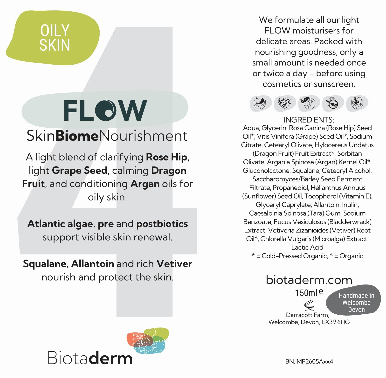 Square product label for Flow Oily Light Moisturiser, a lightweight facial moisturizer designed specifically for oily skin with fast-absorbing plant oils. Includes a natural ingredients list, key benefits, usage instructions, and Biotaderm branding on a white and green background.