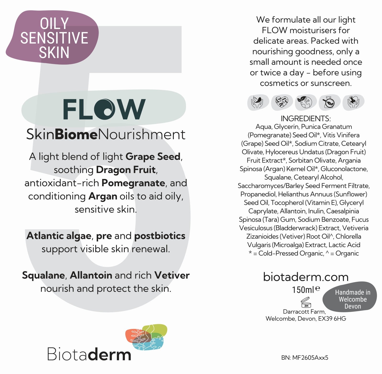 The product label for Biotaderm Flow Oily Sensitive Light Moisturiser displays ingredients, product details, and claims tailored for sensitive skin, featuring nourishing plant oils such as grape seed, dragon fruit, pomegranate, argan, and squalane—specially formulated for oily, sensitive skin.