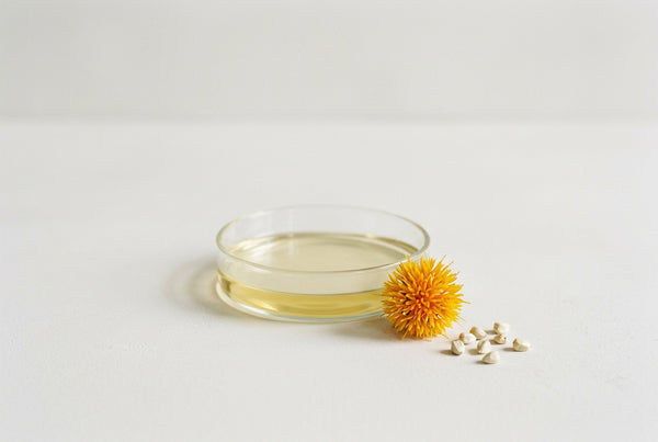 Safflower seed oil, pressed cold from the seed and simply filtered, a thin yellow-gold liquid.