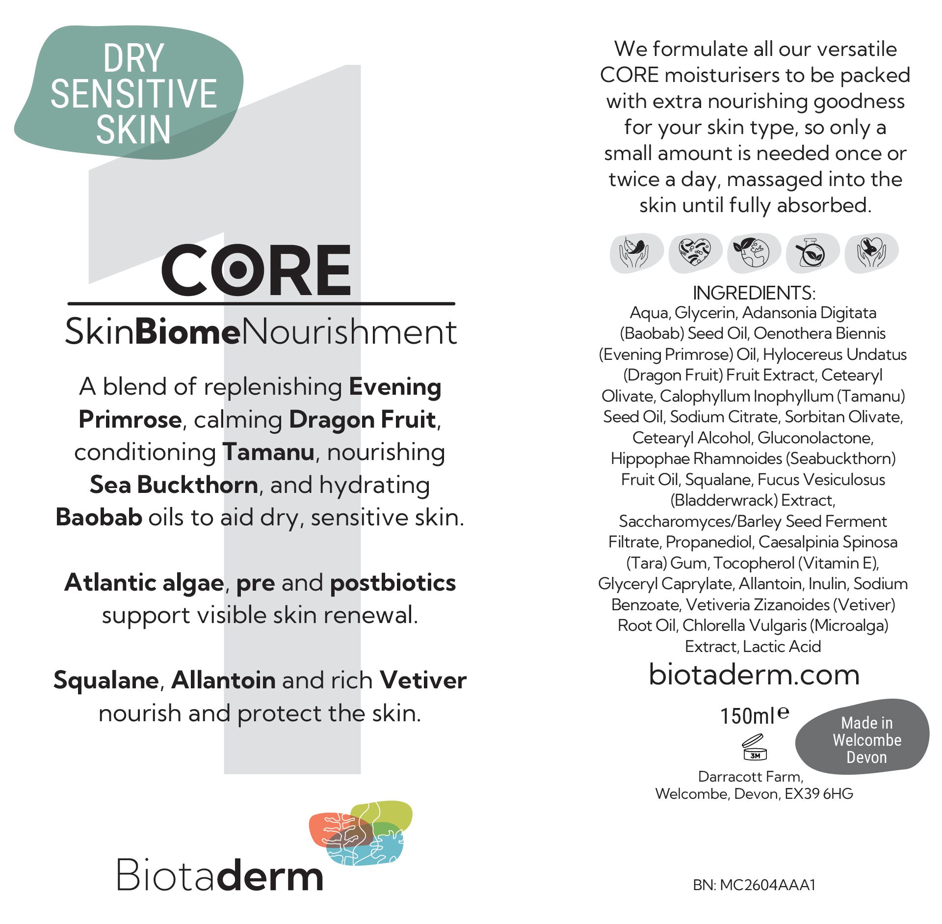 Biotaderm’s Core — Dry Sensitive is a cushioning body moisturiser for dry, sensitive skin, featuring cold-pressed organic oils and prebiotic postbiotic benefits, plus usage instructions and company contact info on the label.