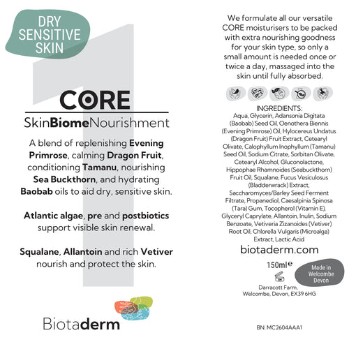 Biotaderm’s Core — Dry Sensitive is a cushioning body moisturiser for dry, sensitive skin, featuring cold-pressed organic oils and prebiotic postbiotic benefits, plus usage instructions and company contact info on the label.
