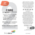 A product label for Biotaderm Core — Dry cushioning body moisturiser, listing key ingredients, usage directions, dry skin benefits, and company info.