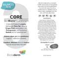 Biotaderm Core — Balanced body moisturiser label, featuring key ingredients like cold-pressed organic oil, balanced skin claims, usage directions, and manufacturer details.