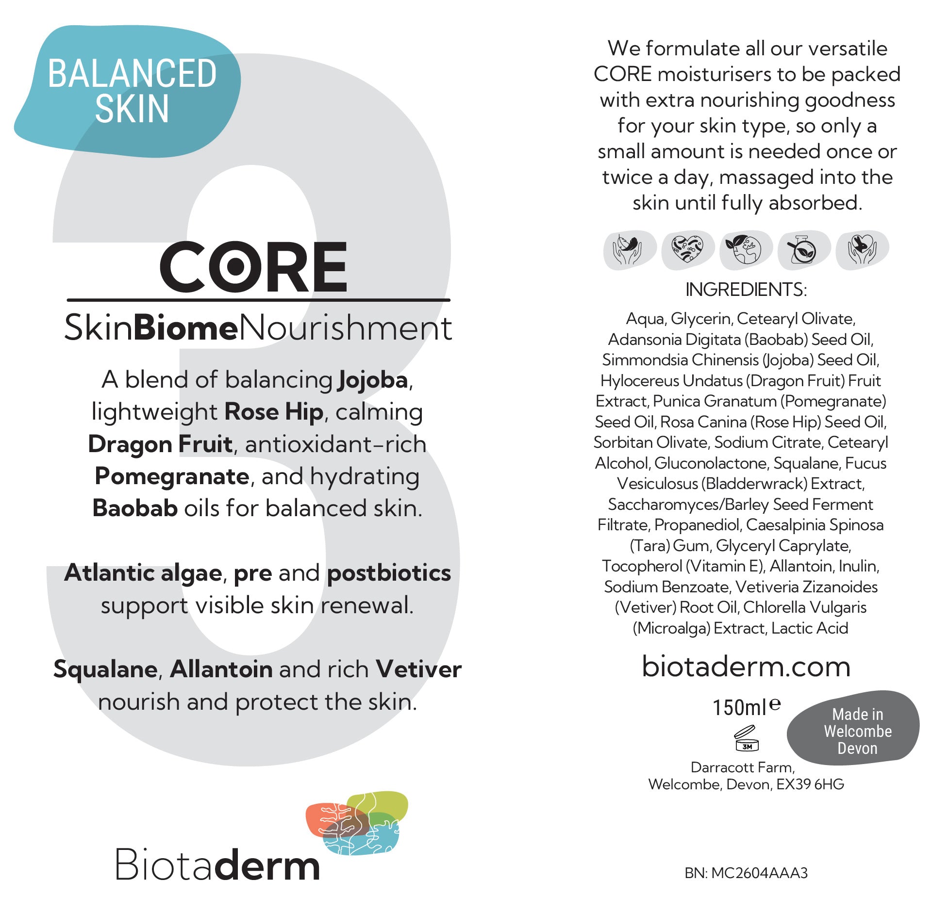 Biotaderm Core — Balanced body moisturiser label, featuring key ingredients like cold-pressed organic oil, balanced skin claims, usage directions, and manufacturer details.