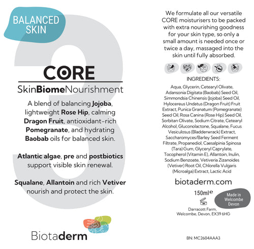 Biotaderm Core — Balanced body moisturiser label, featuring key ingredients like cold-pressed organic oil, balanced skin claims, usage directions, and manufacturer details.