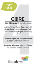 Infographic for Biotaderm Core — Oily, a light body moisturiser for oily skin, featuring cold-pressed organic oils such as rose hip, grape seed, dragon fruit & argan, plus squalane and vetiver to deliver balanced hydration.