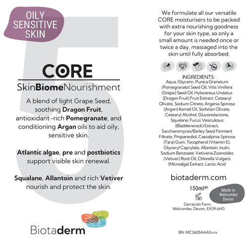 Biotaderm Core — Oily Sensitive label displays product details, key ingredient Cold-Pressed Organic Oil, usage directions, full ingredients, 150ml volume, and manufacturer info; a light body moisturiser ideal for oily, sensitive skin.