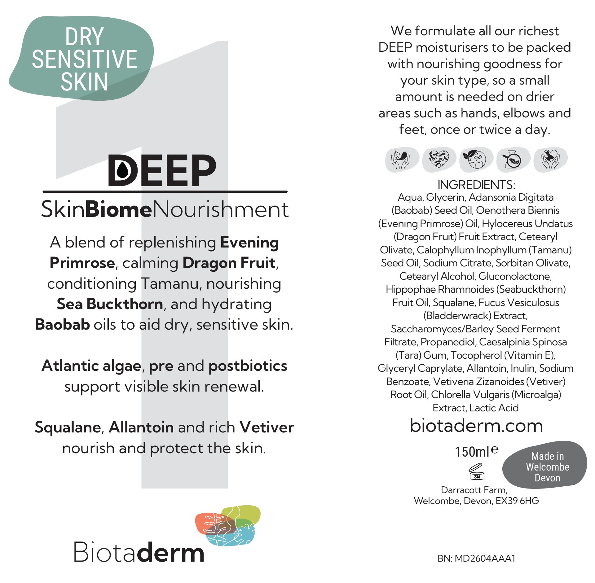 Biotaderm Deep — Dry Sensitive label details rich moisturiser with cold-pressed organic oil for hands, elbows, and feet. Lists ingredients, benefits for dry sensitive skin, usage instructions, company info, and QR code.