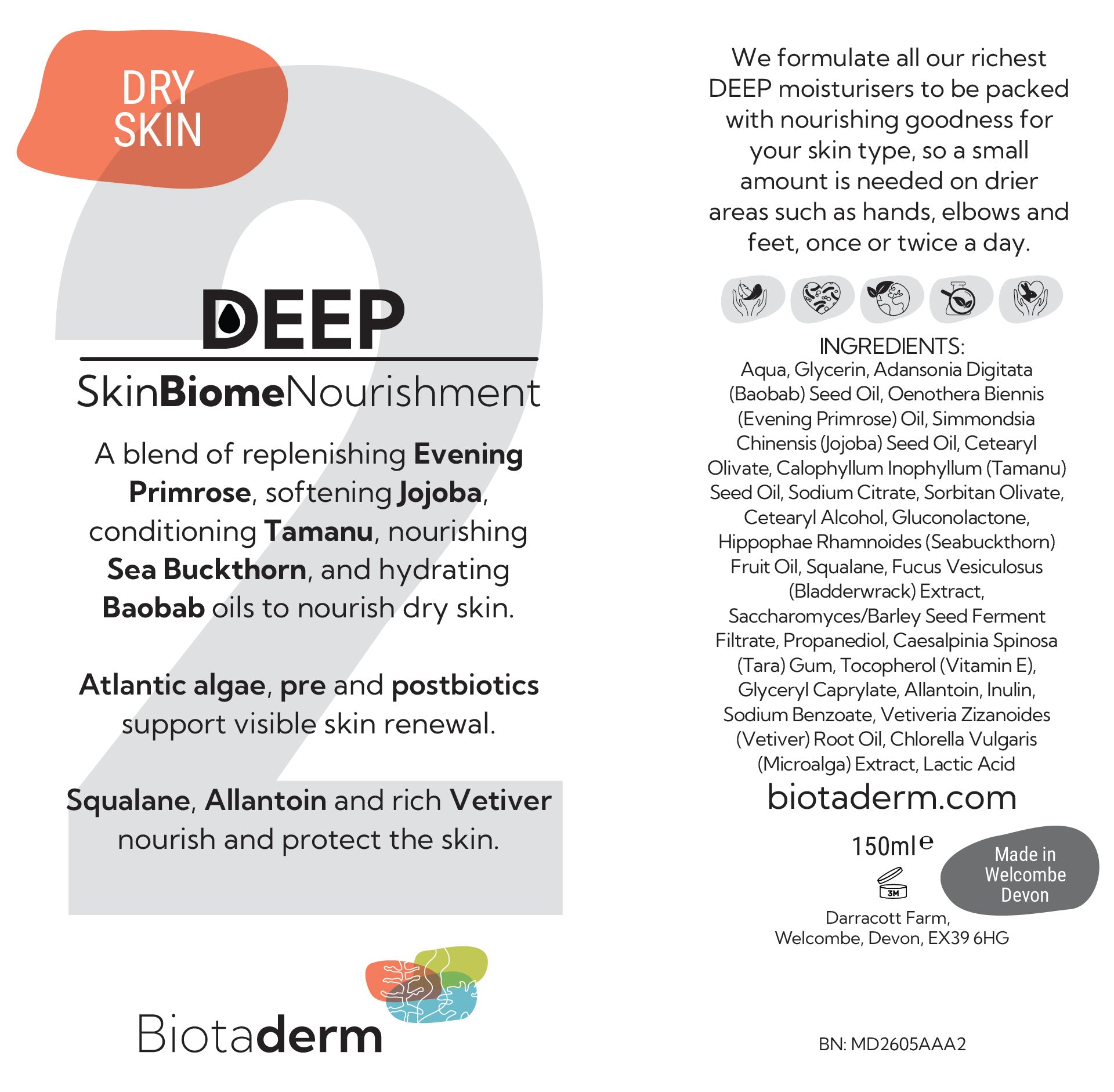 Label for Biotaderm Deep — Dry, a rich moisturizer for hands, elbows, and feet with dry skin. Includes key ingredients, benefits, usage instructions, and manufacturer details to deeply nourish and restore.
