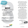 Biotaderm Deep — Balanced moisturizer label with product description, cold-pressed organic oils, usage instructions, brand details, and benefits for hands, elbows, feet. Circular "Balanced Skin" logo top left. Ideal for dry areas.