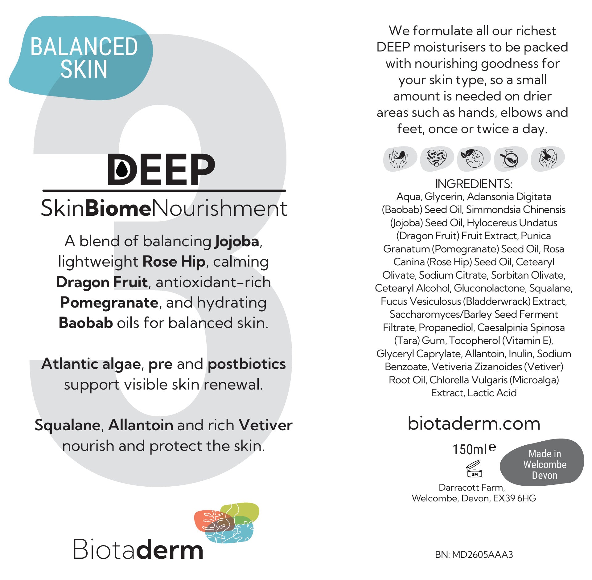 Biotaderm Deep — Balanced moisturizer label with product description, cold-pressed organic oils, usage instructions, brand details, and benefits for hands, elbows, feet. Circular "Balanced Skin" logo top left. Ideal for dry areas.