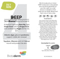 Product label for Biotaderm Deep — Oily, a rich moisturiser for oily skin on hands, elbows, and feet. Contains linoleic-rich grape seed oil, organic argan oil, and dragon fruit for clear hydration. Includes ingredients, benefits, usage & contact info.
