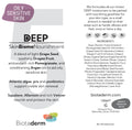 Biotaderm Deep — Oily Sensitive moisturizer label highlighting its richer formula for oily, sensitive skin on hands, elbows, and feet, with key ingredients and usage instructions for dry areas.